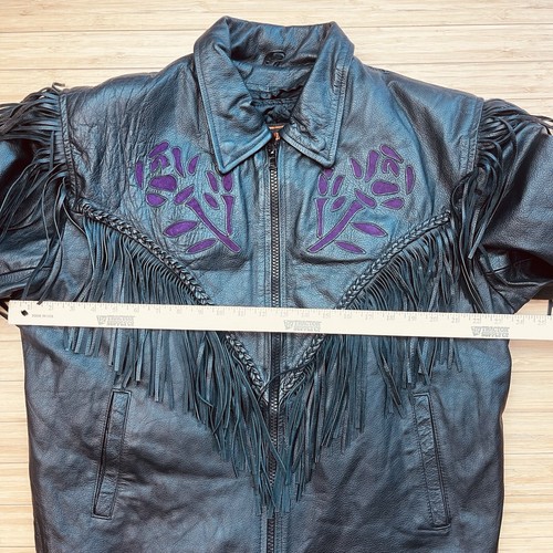 ANTELOPE CREEK Black Leather Side Fringe Biker Jacket Rose 5XL W/ Harley Patch - Picture 4 of 12
