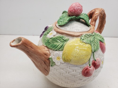 Vintage Fitz And Floyd Teapot With Fruit And Basket Weave Pattern - Picture 3 of 10
