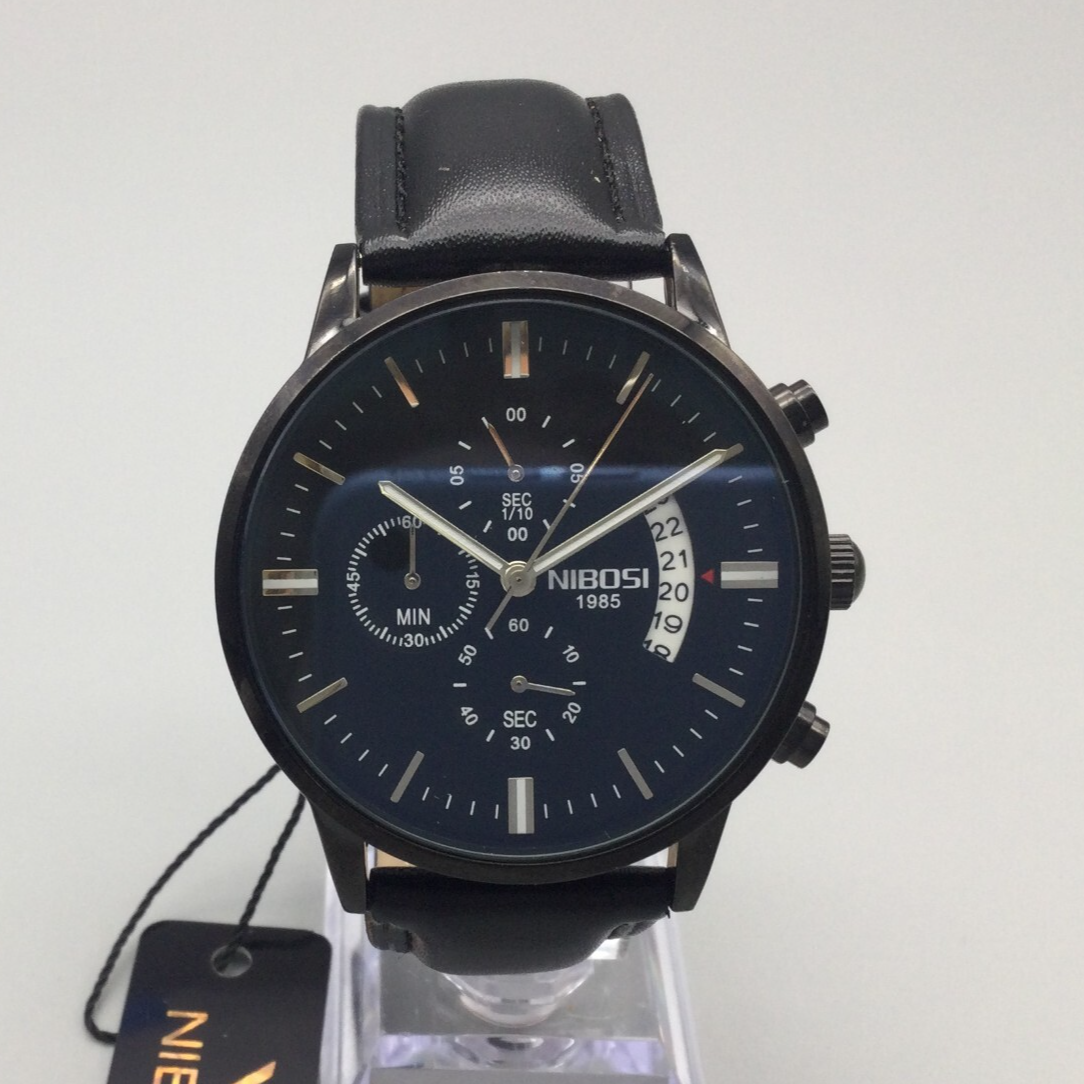 Nibosi 1985 Watch Men NI2309 43mm Black Leather Band Tags Date New Battery
