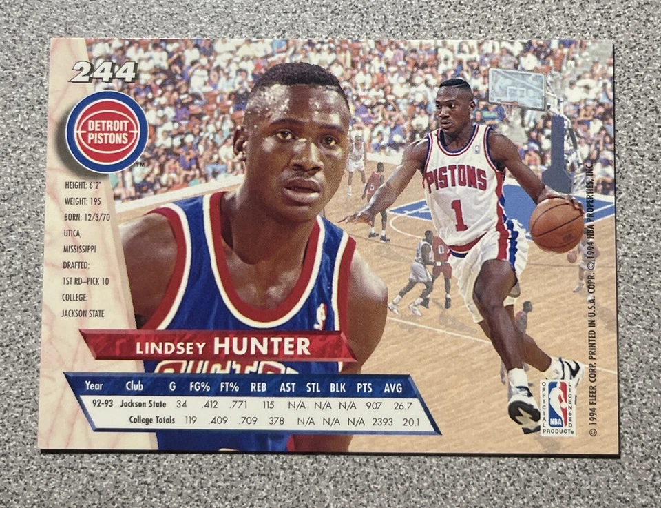 1993-94 Fleer Ultra Lindsey Hunter #244 Detroit Pistons Rookie NBA Basketball 🏀 - Image 2 of 2