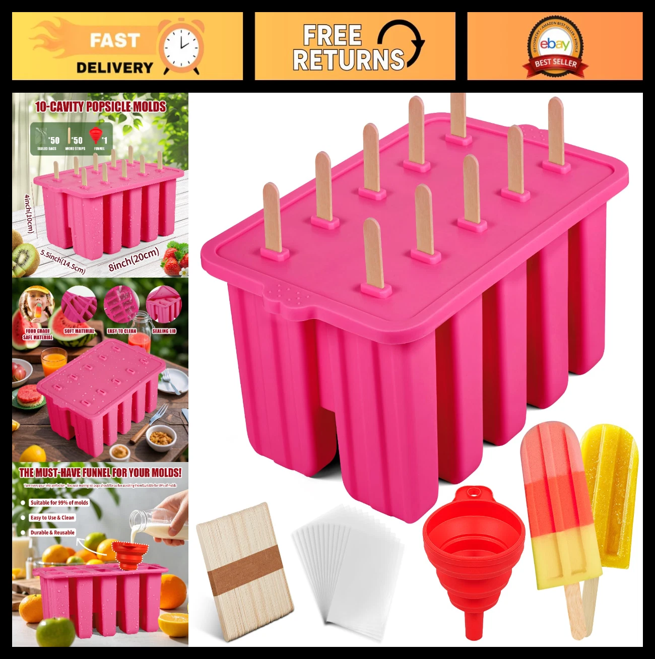 10-Cavity Silicone Popsicle Molds for Kids, Reusable Ice Pop Maker with 50 Stick