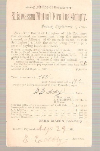 POSTAL CARD -1880 - SHIAWASSEE MUTUAL FIRE INSURANCE, OWOSSO, MI