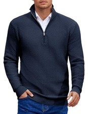 Mens Quarter Zip Pullover Sweater Slim Fit Waffle Mock Large Navy Blue
