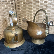 Vintage Dutch Copper Coal Ash Scuttle & Tea Kettle With Porcelain Handle