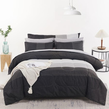 Striped Comforter Set Full 8Pc Reversible Grey Black Lightweight All Season