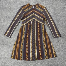 Free People Dress Womens Small Brown Geometric Mock Neck Long Sleeve Fit Flare