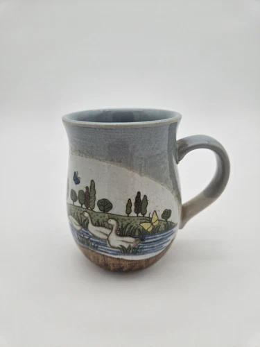 Otagiri Ducks in Pond Handcrafted Pottery Coffee Mug Blue Tea Cup