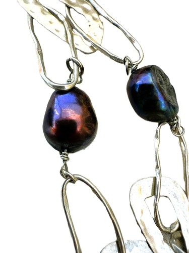 Natural Black Pearl and Sterling Silver 925 Hand Hammered 18" Necklace EUC - Picture 7 of 11