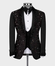 Black Tuxedo With 3D Floral Lapel And Gem Embellishments For Gala Or Wedding