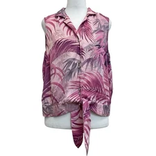 Tommy Bahama 100% Silk Pink Palm Frond Tropical Tie Front Blouse sz M Relaxed