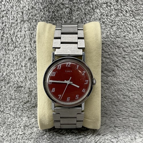 Vintage Timex Watch Mens Red Face Silver Tone Manual Wind Up READ - Picture 1 of 10