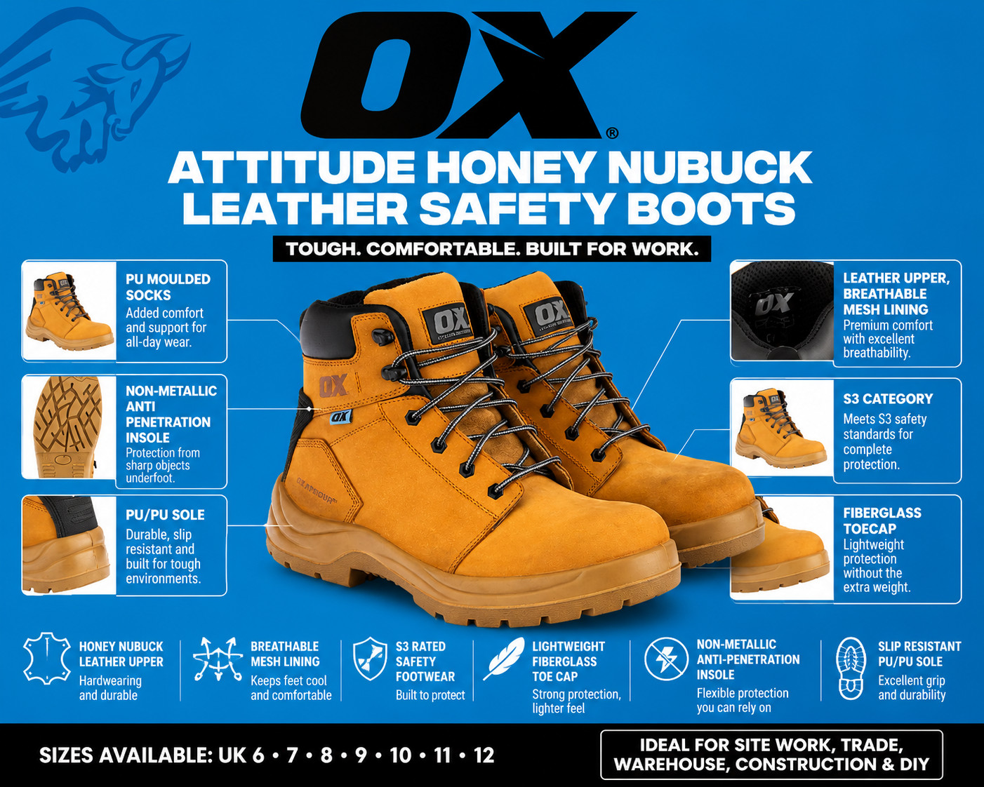 OX Attitude Honey Nubuck Leather Safety Boots S3 Work Boots Sizes 6-13