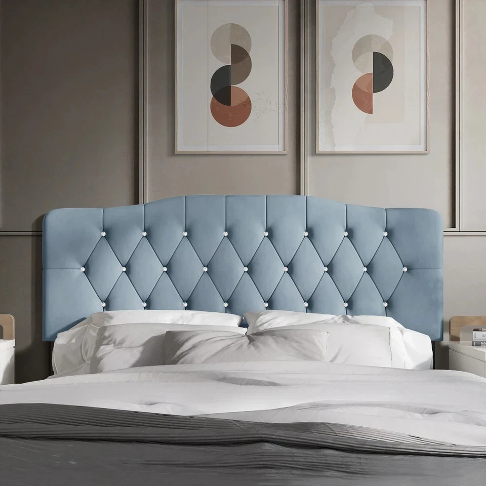 Upholstered Queen Size Headboard Only Light Blue Adjustable Hgt Diamond Tufted - Image 3 of 4