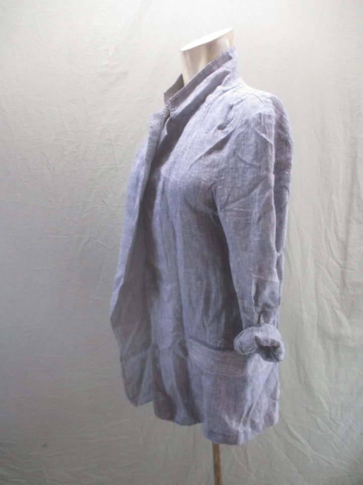 Blazer CASLON Talla M Mujer Azul 100% Lino Manga Ajustable Frente Abierto Chic 898 Foto 3 de 4