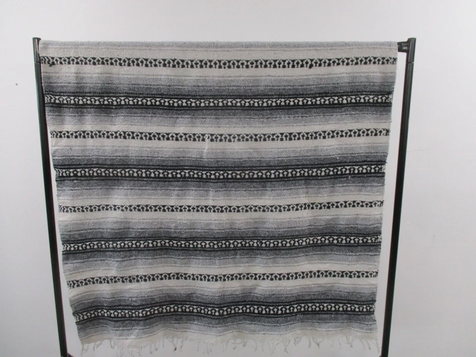 Vintage Mexican Blanket, Sarape, Throw, Rug, Grey, Woven Stripes, Snuggle 89 - Image 4 of 4