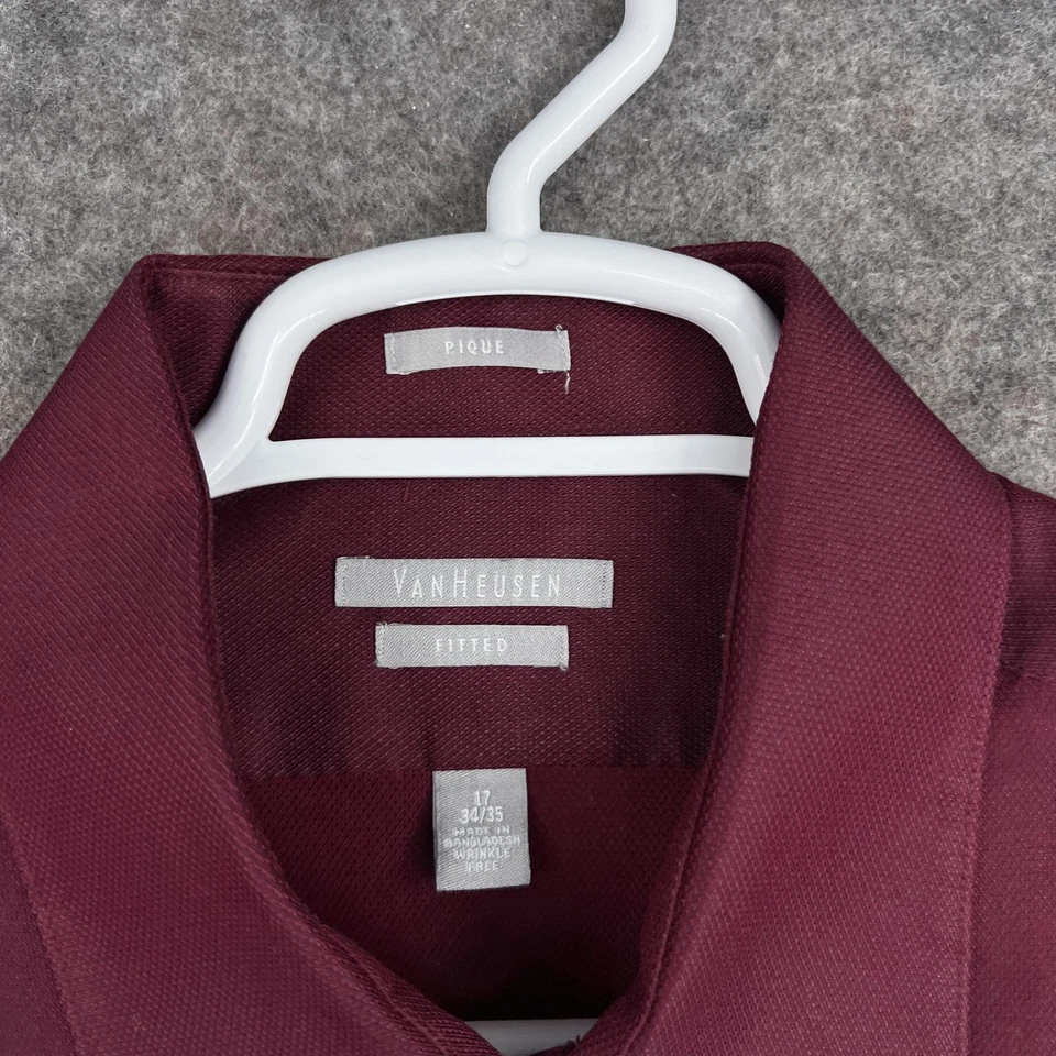 Camisa de vestir Van Heusen abotonada para hombre 17 34/35 piqué borgoña manga larga Foto 3 de 4
