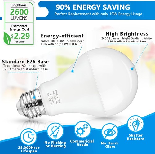 Energy-Saving 19W A21 LED Bulbs, 5000K Daylight White, 10-Pack - Eye-Friendly - Picture 9 of 11