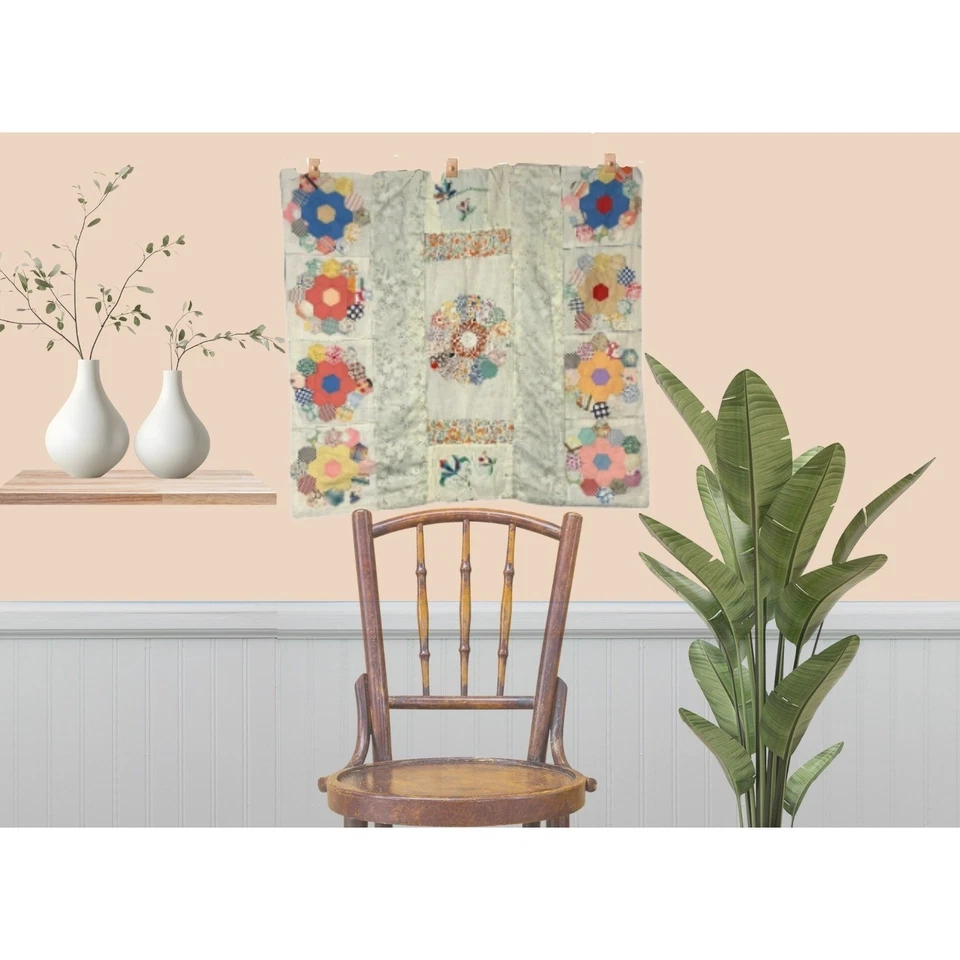 Saco de alimentación vintage Cottagecore panel de edredón floral 34x31 retazos bordado Foto 3 de 4