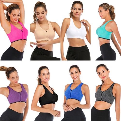 Women's Padded Sports Bra Front Zip Yoga Gym Workout Running Vest Support Top - Picture 4 of 33