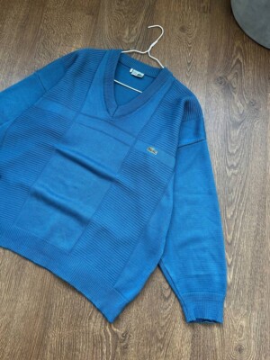Vintage Chemise Lacoste France Mens XL Blue V-Neck Sweater Cotton Textured Knit