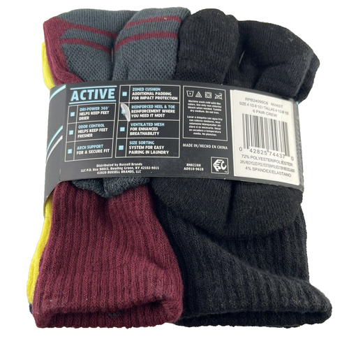 6 Russell Boys CREW Socks SMALL Shoe size 4.5-8.5 Active Performance Assorted - Picture 8 of 13