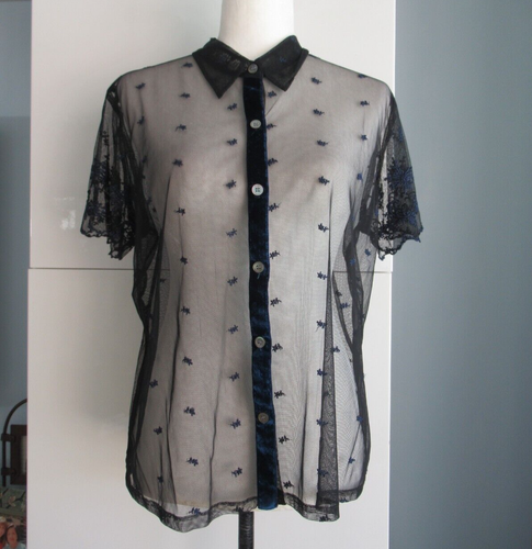 Camicetta Karen Kane maglia ricamata con bottoni davanti taglia M, corta SLV nero blu - Foto 1 di 12