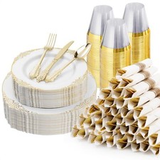 350pcs Gold Plastic Plates For 50 Guests Disposable Dinnerware Sets Include 100
