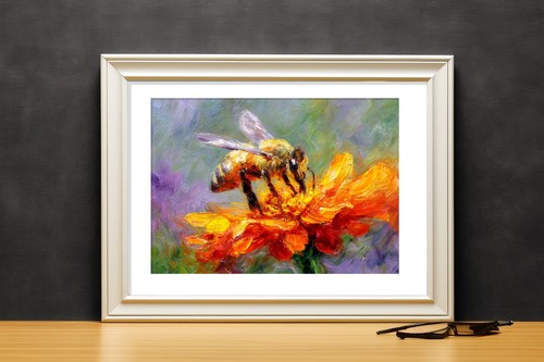 Bee on Orange Flower 5"x7" Print on Matte Paper | Vibrant Oil Nature Artwork - Foto 8 di 17