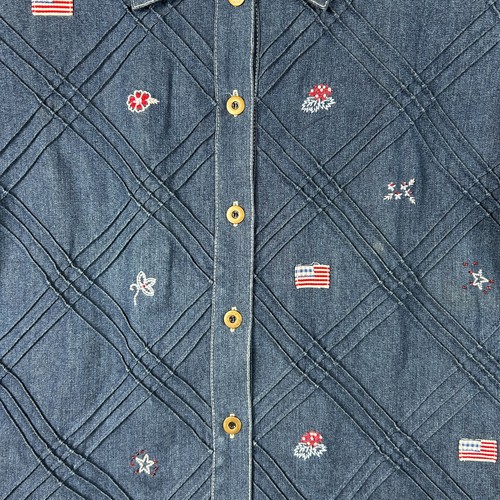 VTG Koret City Blues Shirt Women's 16W Blue Denim Floral Embroidered US Flag - Picture 5 of 12