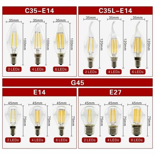 E27 E14 LED Bulb Filament C35 C35L A60 ST64 220V-240V Retro Edison Lamp Light - Picture 3 of 13