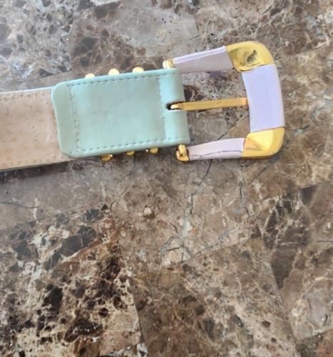 Vintage Carlisle genuine leather pink/green stripe gold hardware belt Sz S-M - Picture 11 of 13