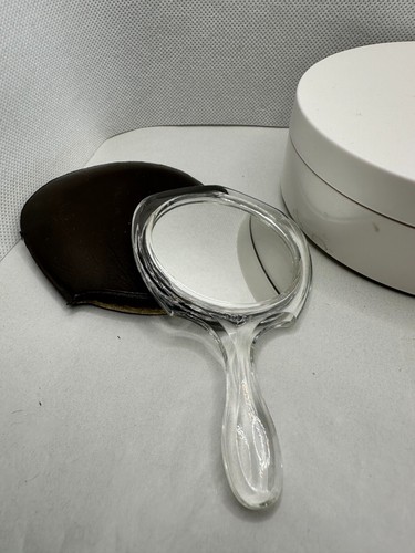 Vintage Mini Handspiegel Lucite klar 2-seitig mit Schutzhülle