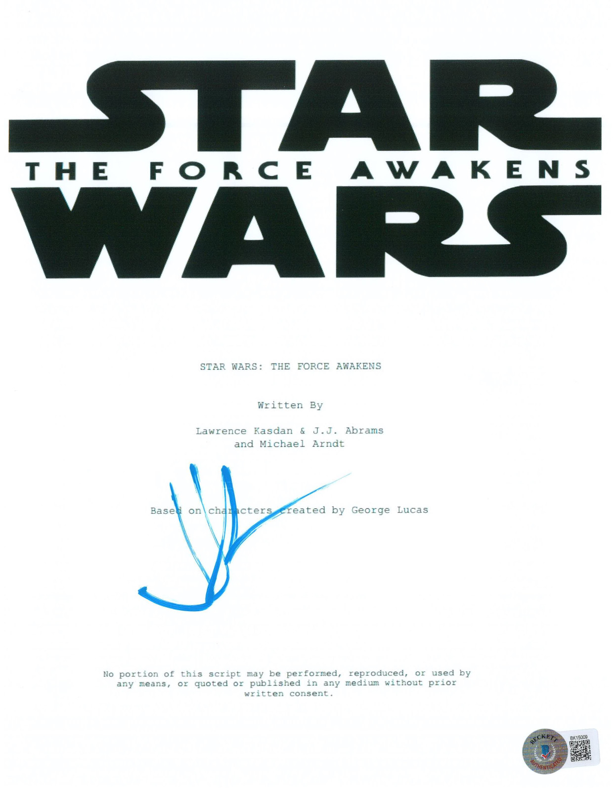 JJ ABRAMS Autographed Signed STAR WARS THE FORCE AWAKENS FULL SCRIPT BECKETT BAS 