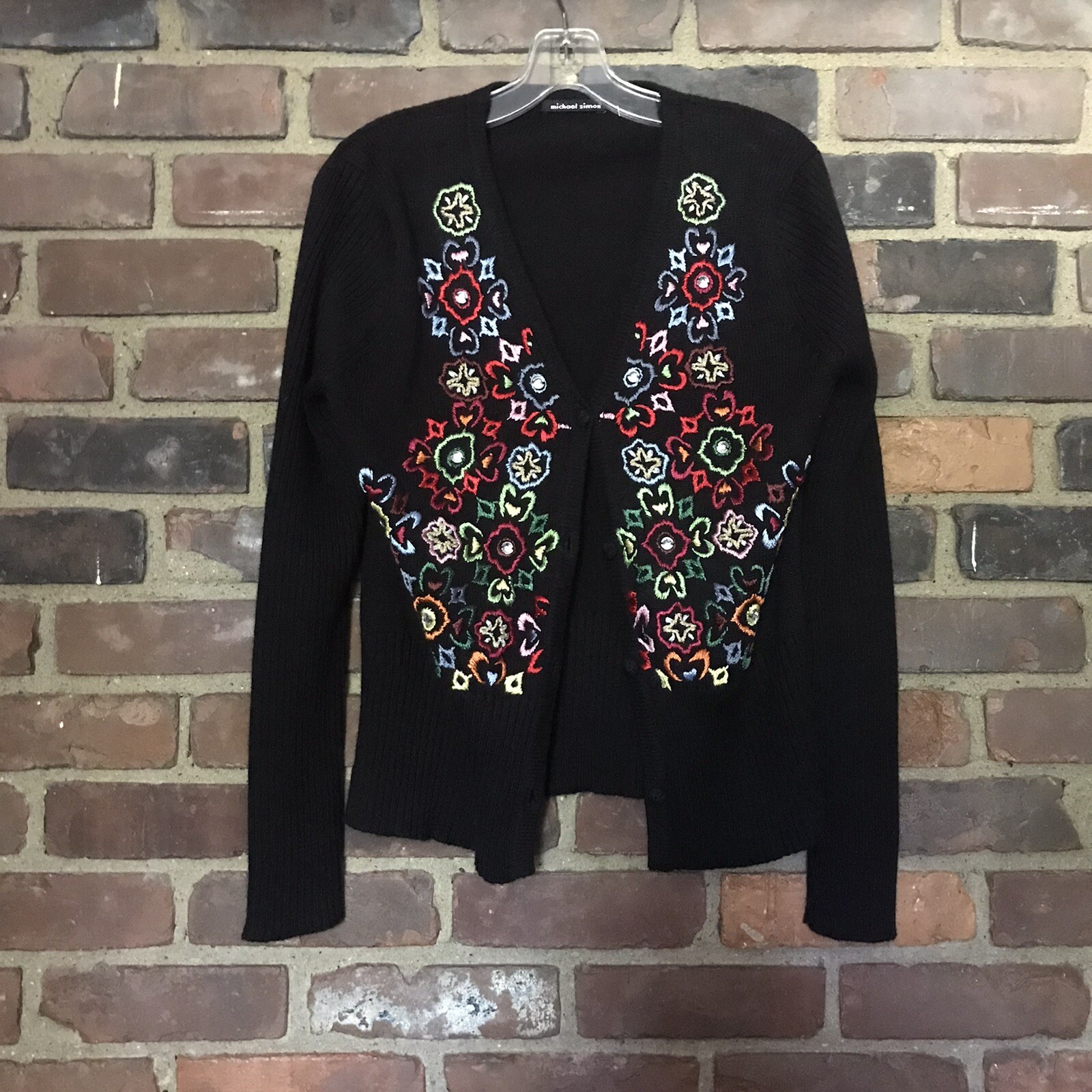 Michael Simon Button Front Black Embroidered Embe… - image 1