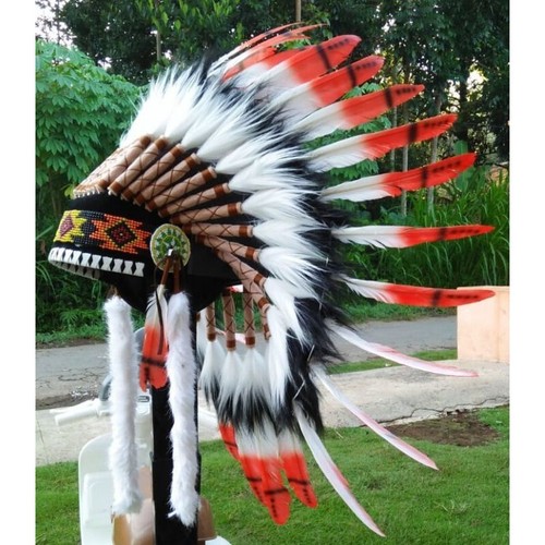 women headdress orange, Indian Costume Feather Headdress , white and black fur - Picture 2 of 2