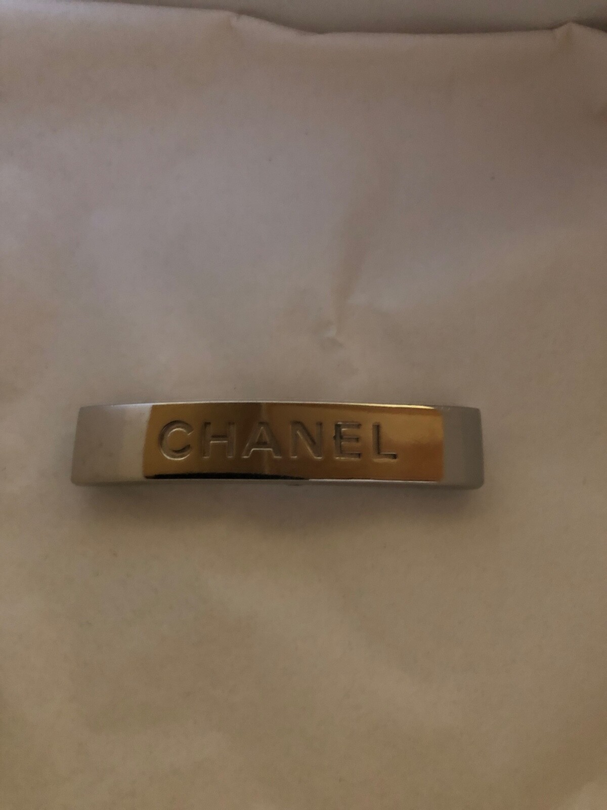 CHANEL VINTAGE RUTHENIUM Plated CHANEL LOGO HAIR CLIP… Gem