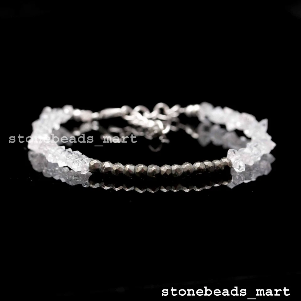 Brazalete hecho a mano de plata de ley 925 Herkimer diamante cuarzo + pirita 7" Foto 2 de 4