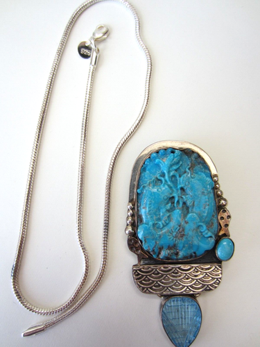 Amy Kahn Russell Sterling Silver Carved Turquoise Koi Pin/Pendant, Topaz Dangle - Picture 6 of 7