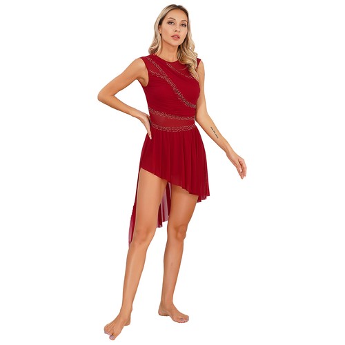 Womens Girls Lyrical Dance Costume Asymmetrical Rhinestone Skating Dance Dress - Picture 7 of 56