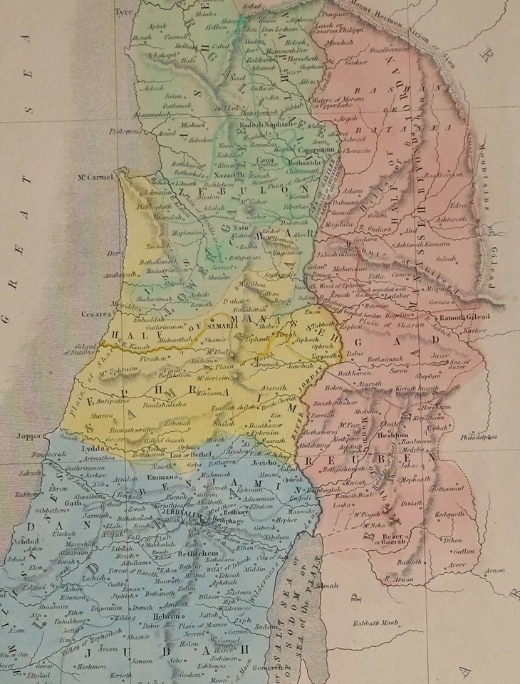 1858 ANTIQUE HAND COLOURED MAP PALESTINE JUDAH JERUSALEM REUBEN SAMARA