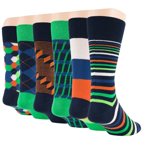 Men Cotton Novelty Socks 6 Pack Diamond Argyle Stripes Large Navy Blue Green - Picture 16 of 17