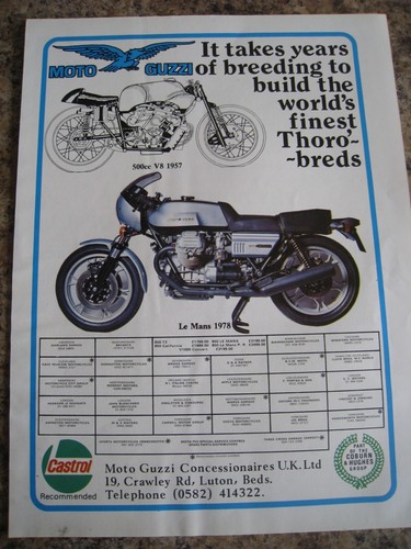 MOTO GUZZI 500cc LE MANS BIKE CONCESSIONAIRES UK 1978 ADVERT A4 FILE 35