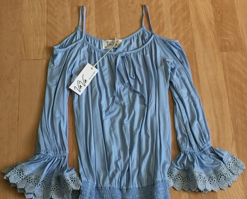 VAVA by Joy Han Drop Waist Dress Tie Front Gathered Sleeves Blue NWT $107 XS - Picture 9 of 12