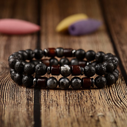 2Pcs/set Men Natural Stone Bracelets Lava Wooden Bead Women Couples Bracelets - Picture 9 of 121