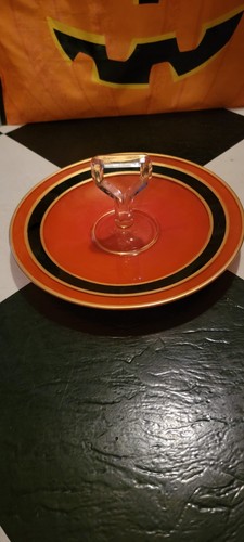 VINTAGE BLACK & ORANGE ART DECO SERVING PLATE CLEAR GLASS HANDLE IN CENTER - Picture 4 of 10
