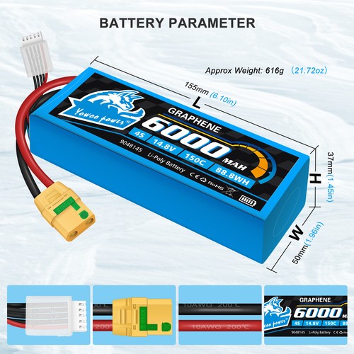 2x Yowoo 4S 6000mAh 150C XT90S 14.8V Lipo Battery Graphene for RC Drone Truck UK - Picture 2 of 6