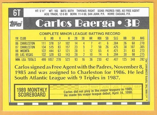 CARLOS BAERGA CLEVELAND INDIANS #6T - TOPPS TRADED NM-MT 1990 - Picture 2 of 2
