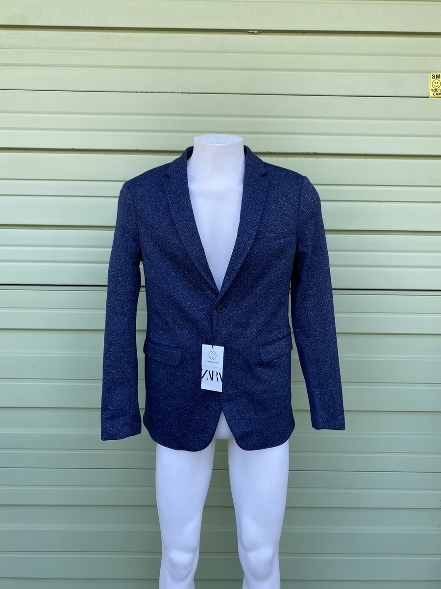 ZARA TEXTURED COMFORT KNIT BLAZER JACKET COAT MEN NAVY Size 34