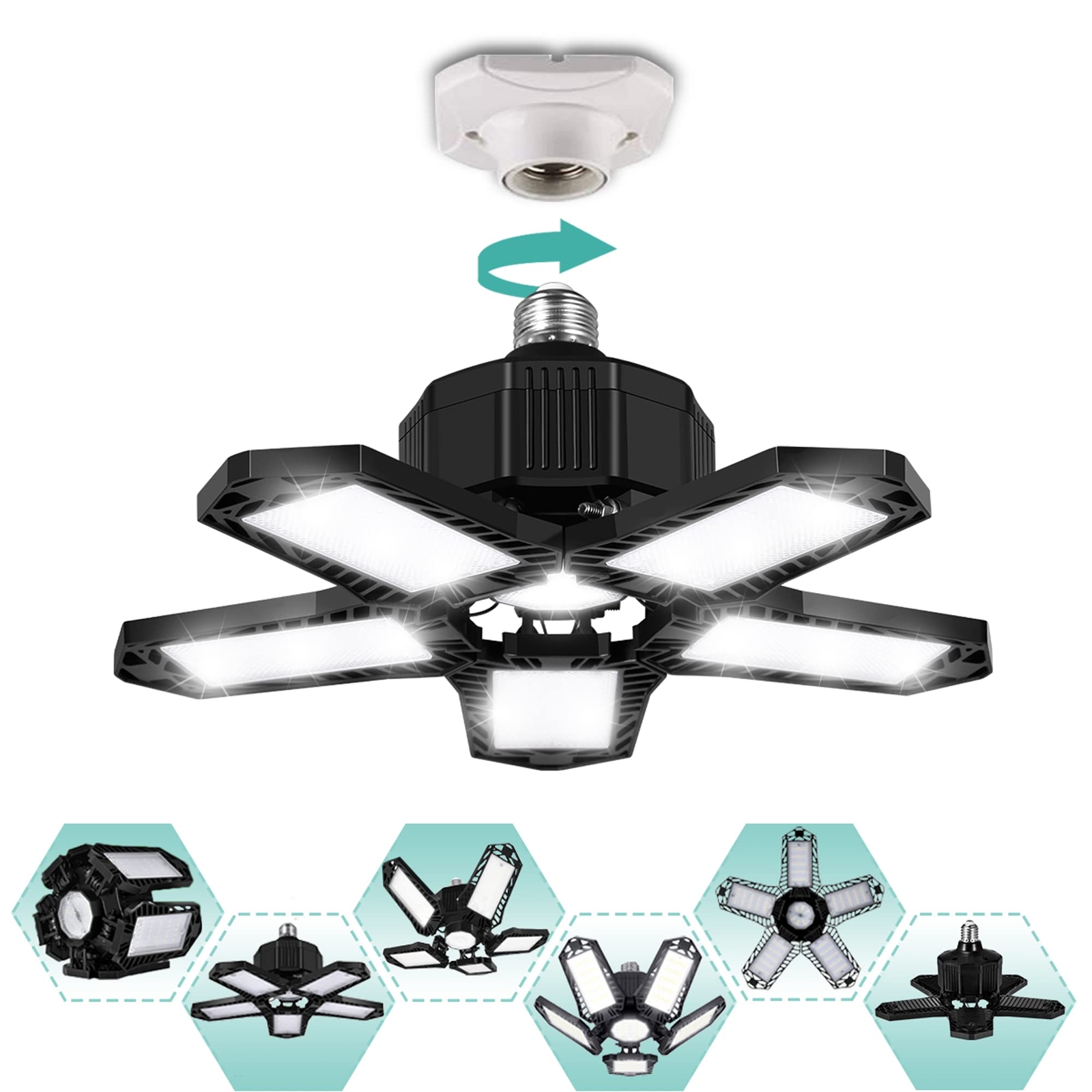 Garage Light LED 100W 10000LM 6000K LED Light Bulb with 5 Deformable Panels, ...