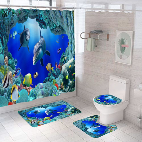 Cave Dolphin Shower Curtain Set Bathroom Carpet Floor Mat Toilet Cover - Picture 1 of 15